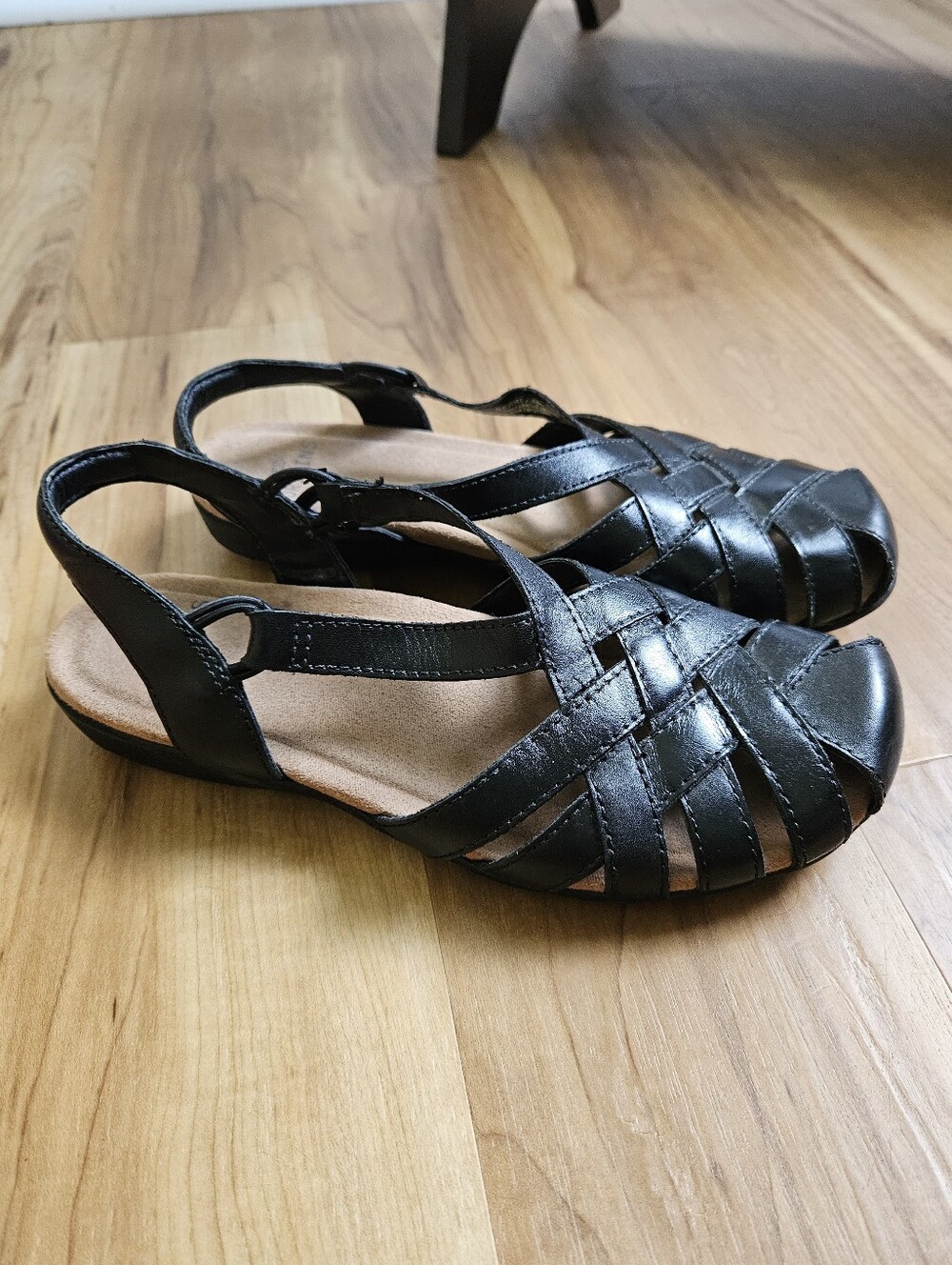 Earth Origins Black Leather Woven Fisherman Slingback Sandals